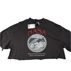 H&M Divided NASA Boxy Oversized streetwear Grunge Crop Top T-Shirt Dark Gray‎ XS